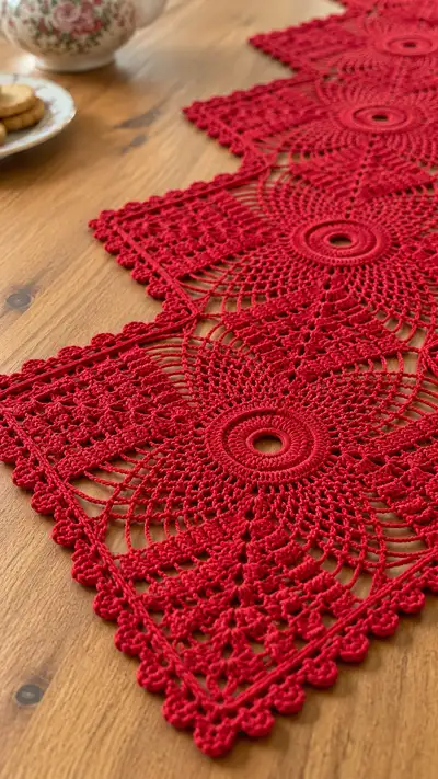 Red Lace Diamond Table Runner Pattern step 2 - assembly progress