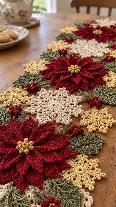 Poinsettia Lace Table Runner Pattern step 2 - assembly progress