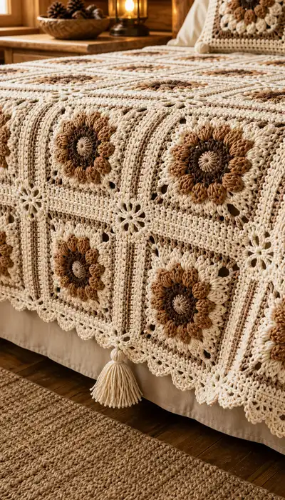 Espresso Floral Granny Square Bedspread Pattern step 2 - assembly progress