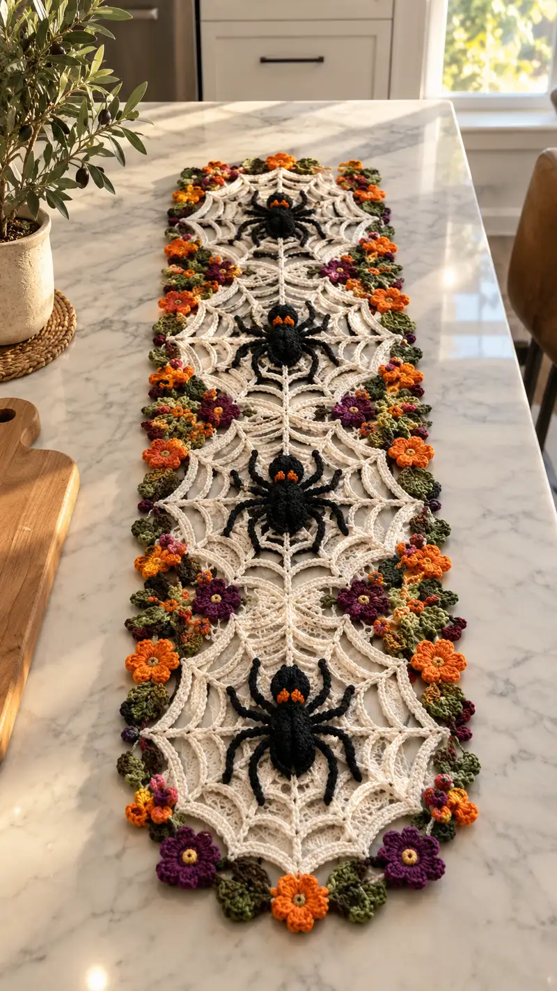 Black Spiders On Cream Web Table Runner Pattern crochet pattern - detailed view of completed project