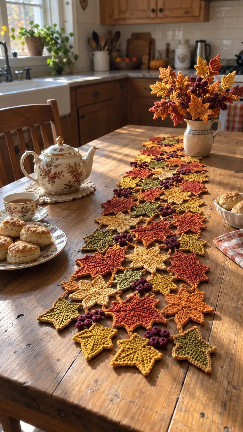 Free crochet pattern: Autumn Leaves Table Runner Pattern - Intermediate level tutorial