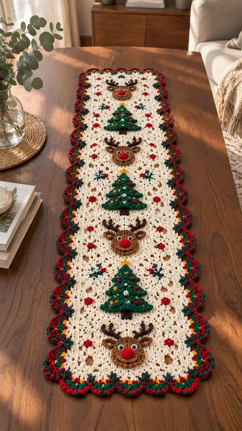 Festive Reindeer & Tree Table Runner Pattern crochet pattern - detailed view of completed project