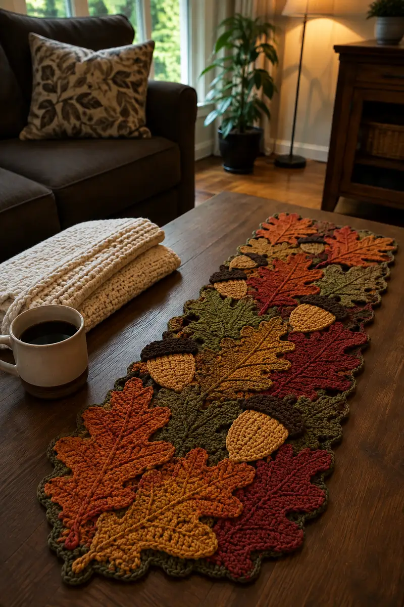 Fall Acorn and Oak Leaf Table Runner Pattern crochet pattern - detailed view of completed project