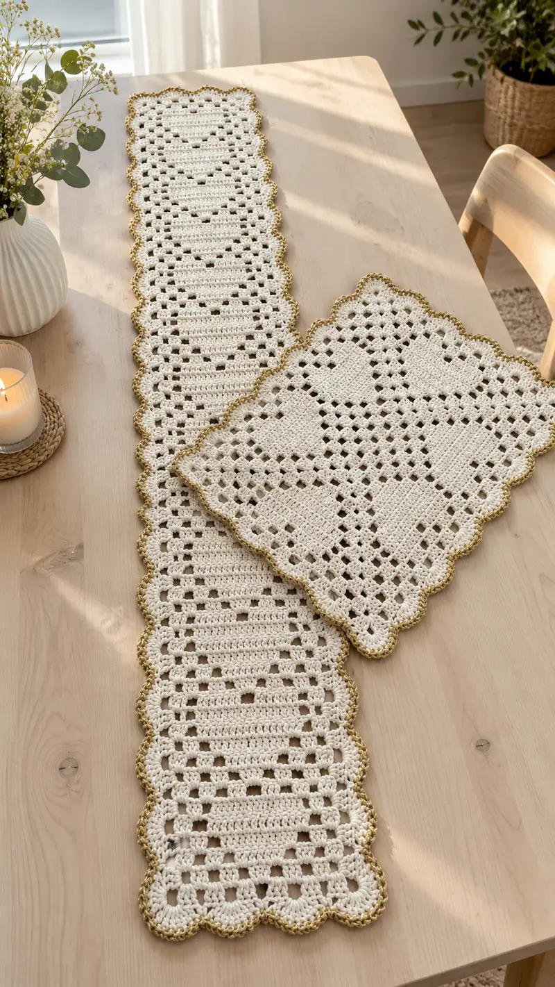 Free crochet pattern: Elegant Heart Filet Table Runner & Placemat Pattern - Intermediate level tutorial