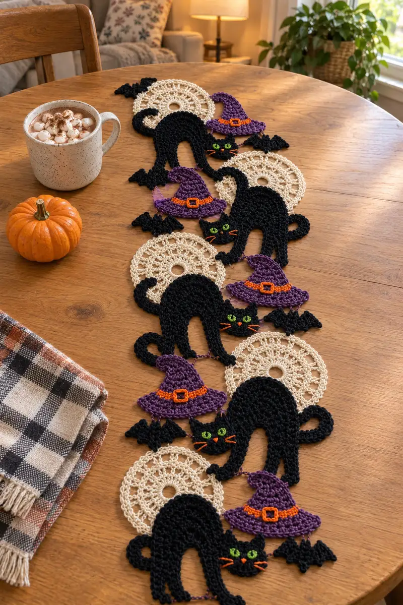 Black Cat and Full Moon Halloween Table Runner Pattern crochet pattern - detailed view of completed project
