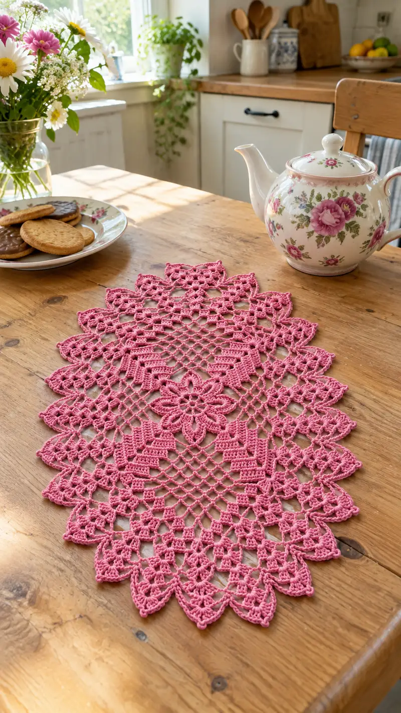 Vintage Pink Lace Table Runner Pattern crochet pattern - detailed view of completed project