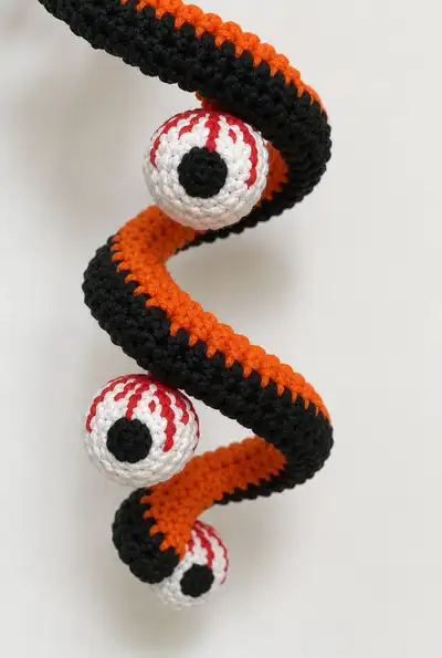 Orange and Black Spiral Halloween Garland with Bloody Eyeballs Pattern step 2 - assembly progress