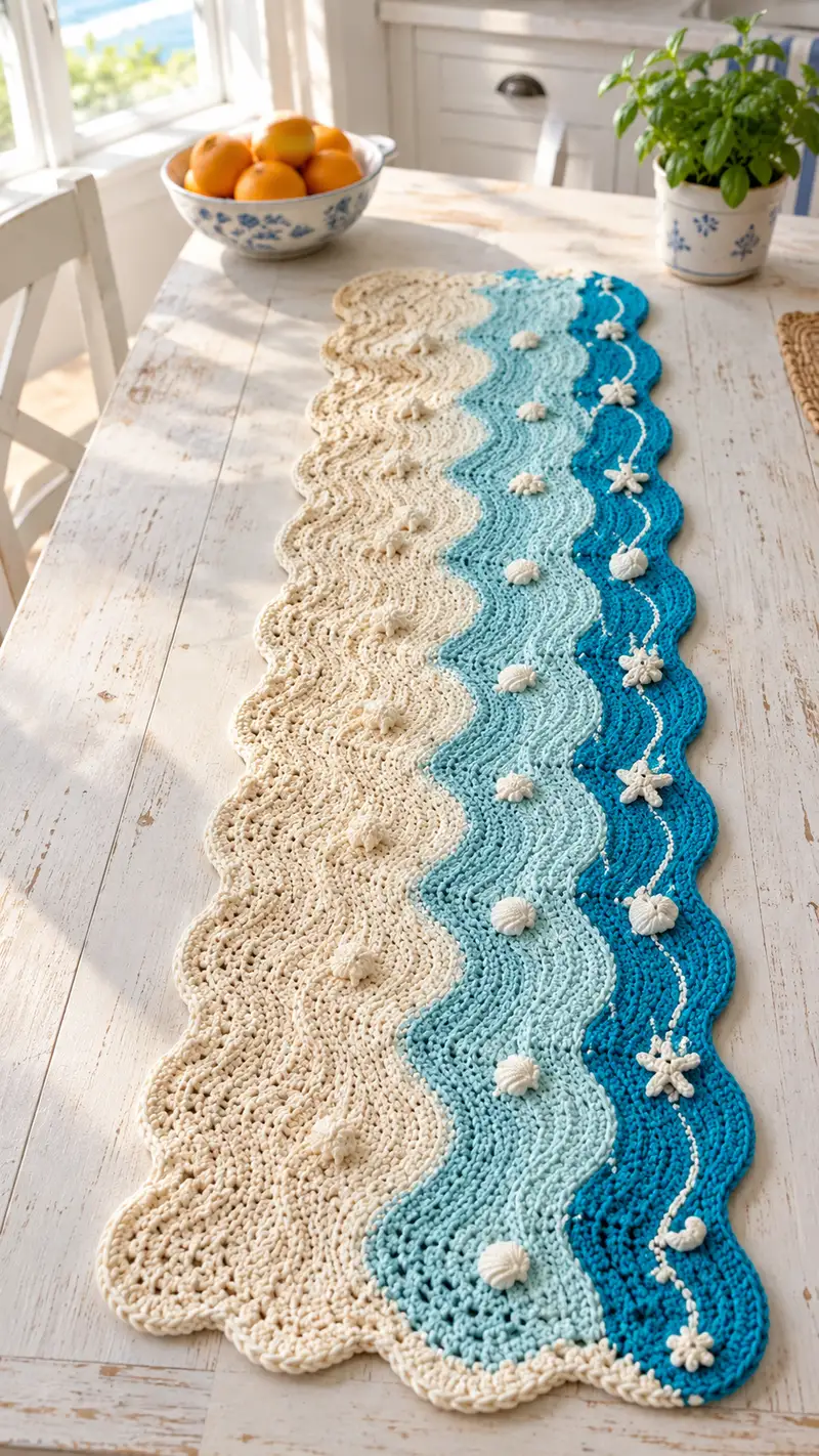 Free crochet pattern: Seaside Waves Table Runner Pattern - Intermediate level tutorial