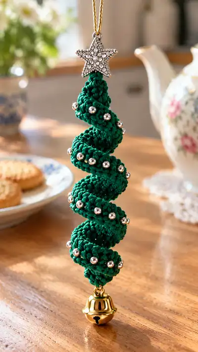 Corkscrew Spiral Christmas Ornament Pattern step 2 - assembly progress