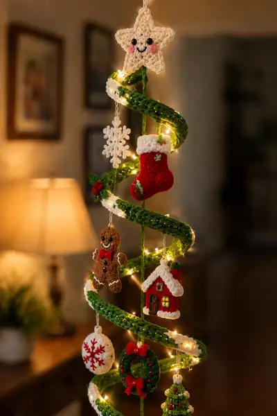 Spiral Christmas Garland with Hanging Ornaments Pattern step 2 - assembly progress