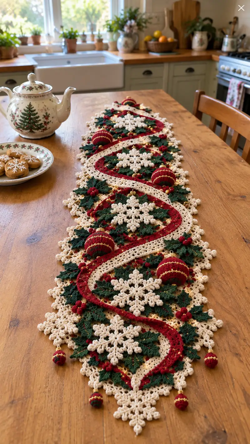 Festive Spiral Snowflake Table Runner Pattern crochet pattern - detailed view of completed project