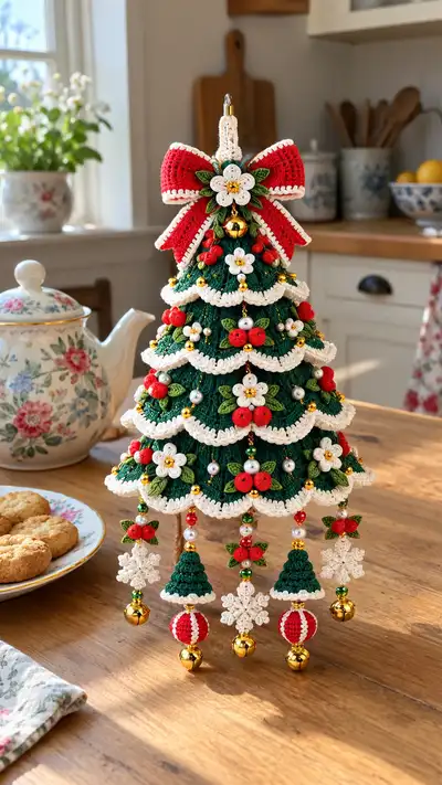 Festive Scalloped Christmas Tree Ornament Pattern step 1 - construction progress