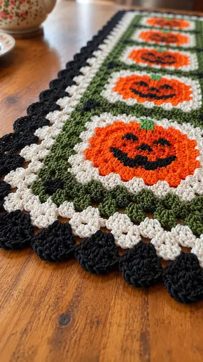 Jack O Lantern Granny Square Table Runner Pattern step 2 - assembly progress