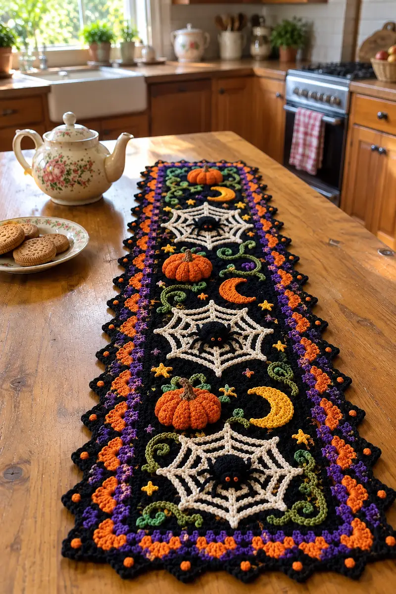 Halloween Spider Web Table Runner Pattern crochet pattern - detailed view of completed project