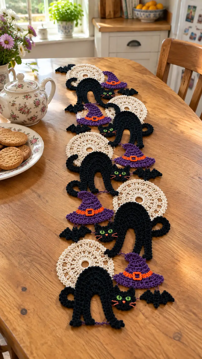 Halloween Garland Table Runner Pattern crochet pattern - detailed view of completed project