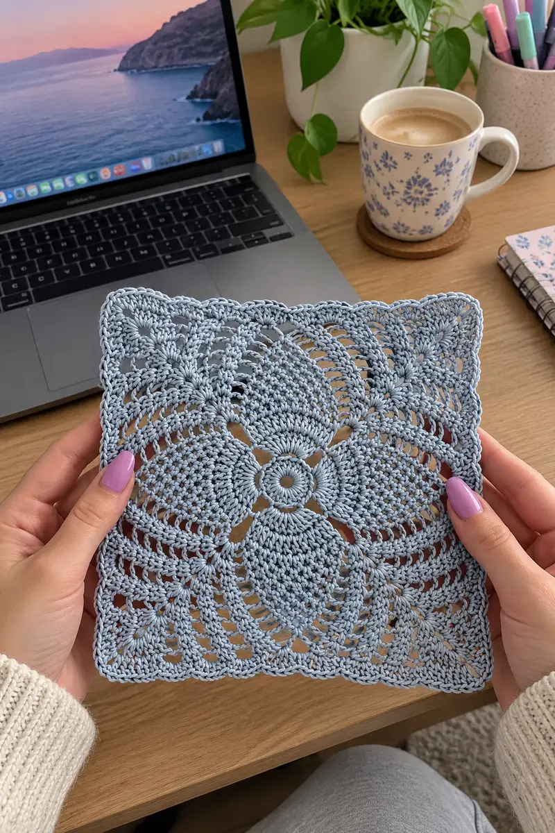 Misty Blue Floral Bedspread Pattern crochet pattern - detailed view of completed project