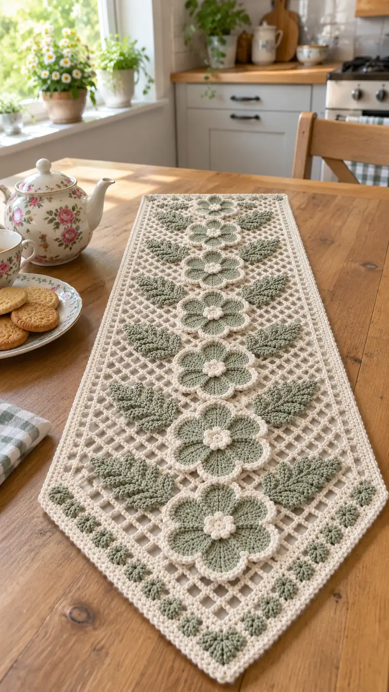 Vintage Floral Lattice Table Runner Pattern crochet pattern - detailed view of completed project