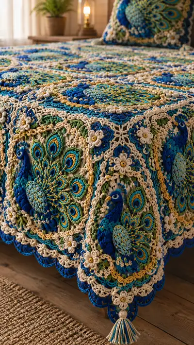 Peacock Jewel Granny Square Bedspread Pattern step 2 - assembly progress