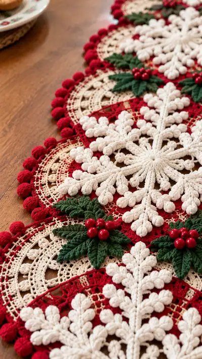 Festive Snowflake Medallion Table Runner Pattern step 2 - assembly progress