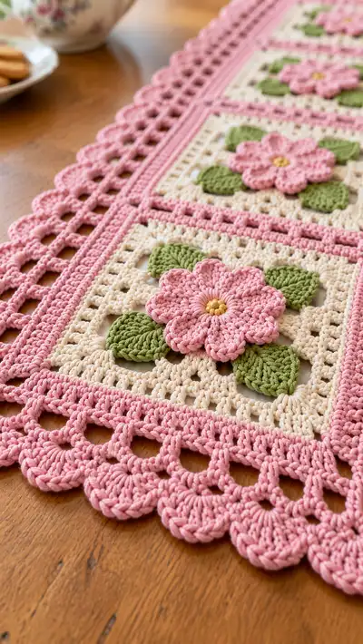 Vintage Floral Granny Square Table Runner Pattern step 2 - assembly progress