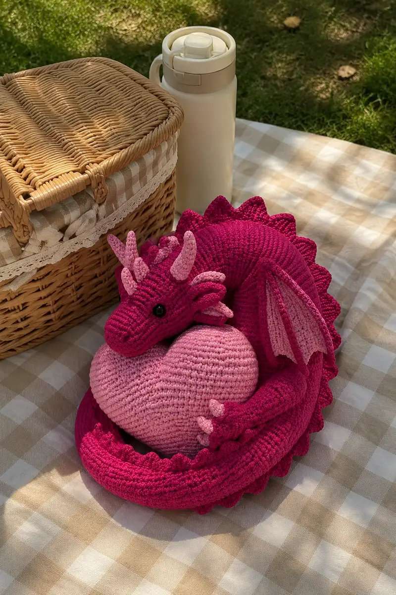 Big Magenta Valentine Dragon Curled Around a Heart Amigurumi Pattern crochet pattern - detailed view of completed project