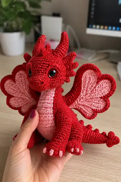 Big Rose Red Dragon with Heart-Shaped Wings Amigurumi Pattern step 1 - construction progress