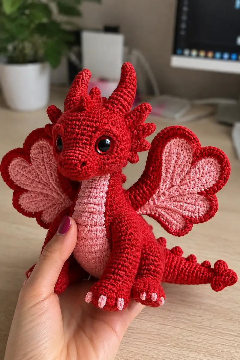 Big Rose Red Dragon with Heart-Shaped Wings Amigurumi Pattern crochet pattern - detailed view of completed project