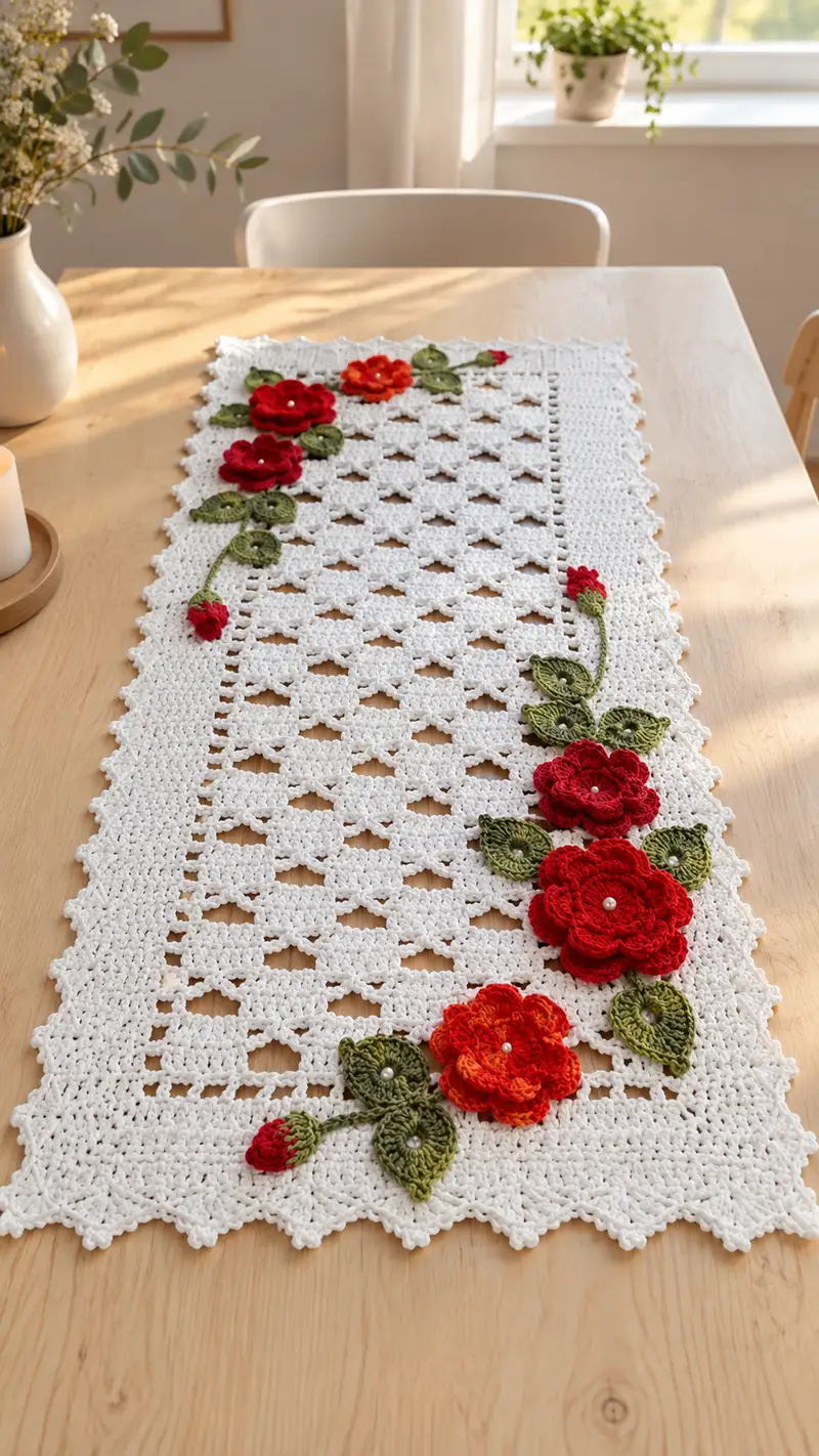 Floral Lace Table Runner Pattern crochet pattern - detailed view of completed project