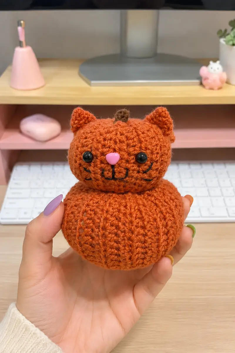 Pumpkiny Halloween Cat Amigurumi Pattern crochet pattern - detailed view of completed project