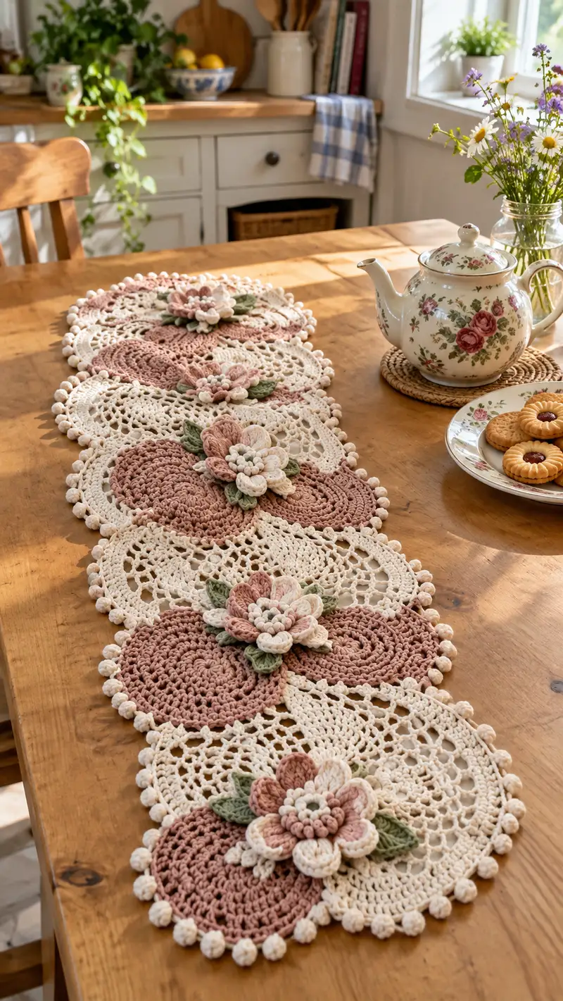 Vintage Floral Lace Table Runner Pattern crochet pattern - detailed view of completed project