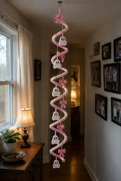 Pink Halloween Roof Spiral Garland with Ghosts and Ribbon Bows Pattern step 1 - construction progress