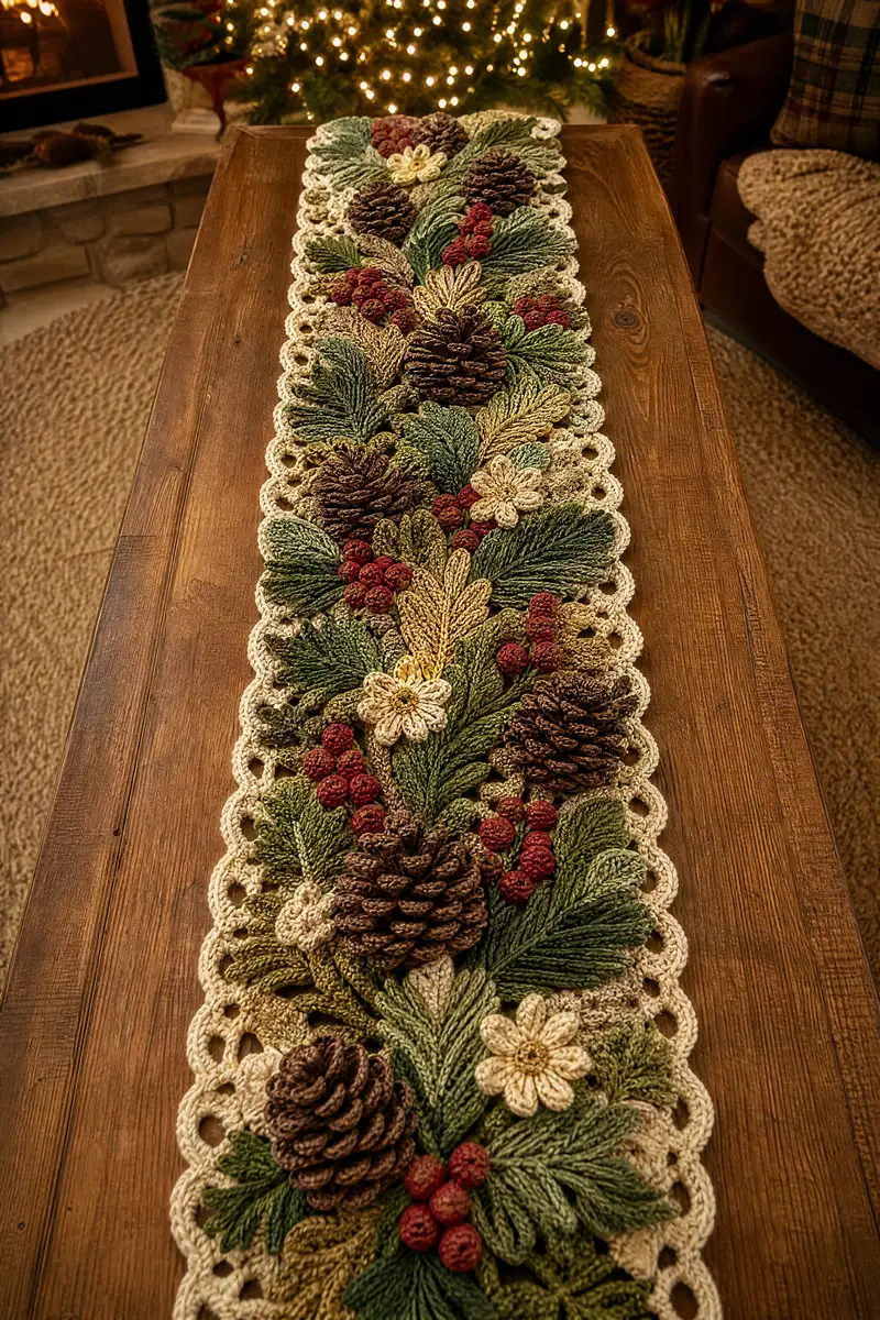 Long Pinecone and Evergreen Christmas Runner Pattern crochet pattern - detailed view of completed project