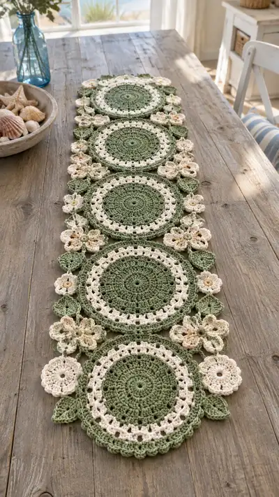 Sage Green And Cream Floral Circle Table Runner Pattern step 1 - construction progress