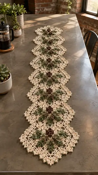 Sage Green And Cocoa Flower Motif Table Runner Pattern step 1 - construction progress