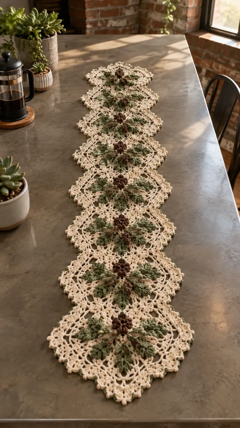Sage Green And Cocoa Flower Motif Table Runner Pattern crochet pattern - detailed view of completed project