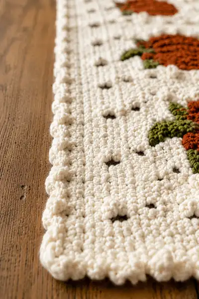 Cream Farmhouse Halloween Table Runner with Rust Pumpkins and Bobbles Pattern step 2 - assembly progress