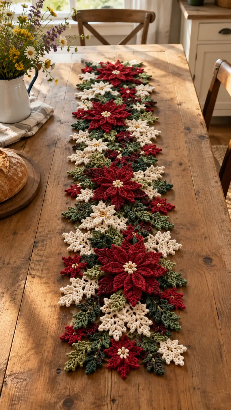 Red And Cream Poinsettia Table Runner Pattern crochet pattern - detailed view of completed project