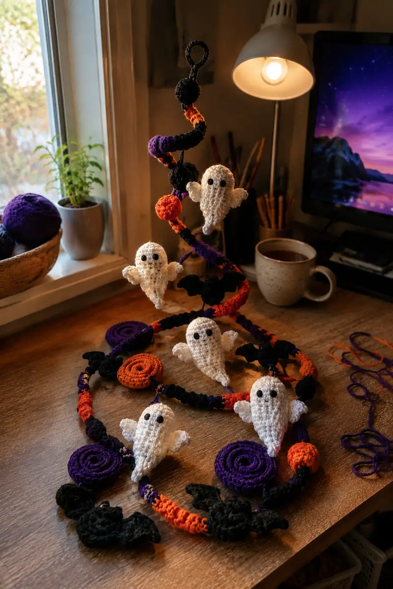 Spooky Spiral Halloween Garland with Floating Phantoms Amigurumi Pattern crochet pattern - detailed view of completed project
