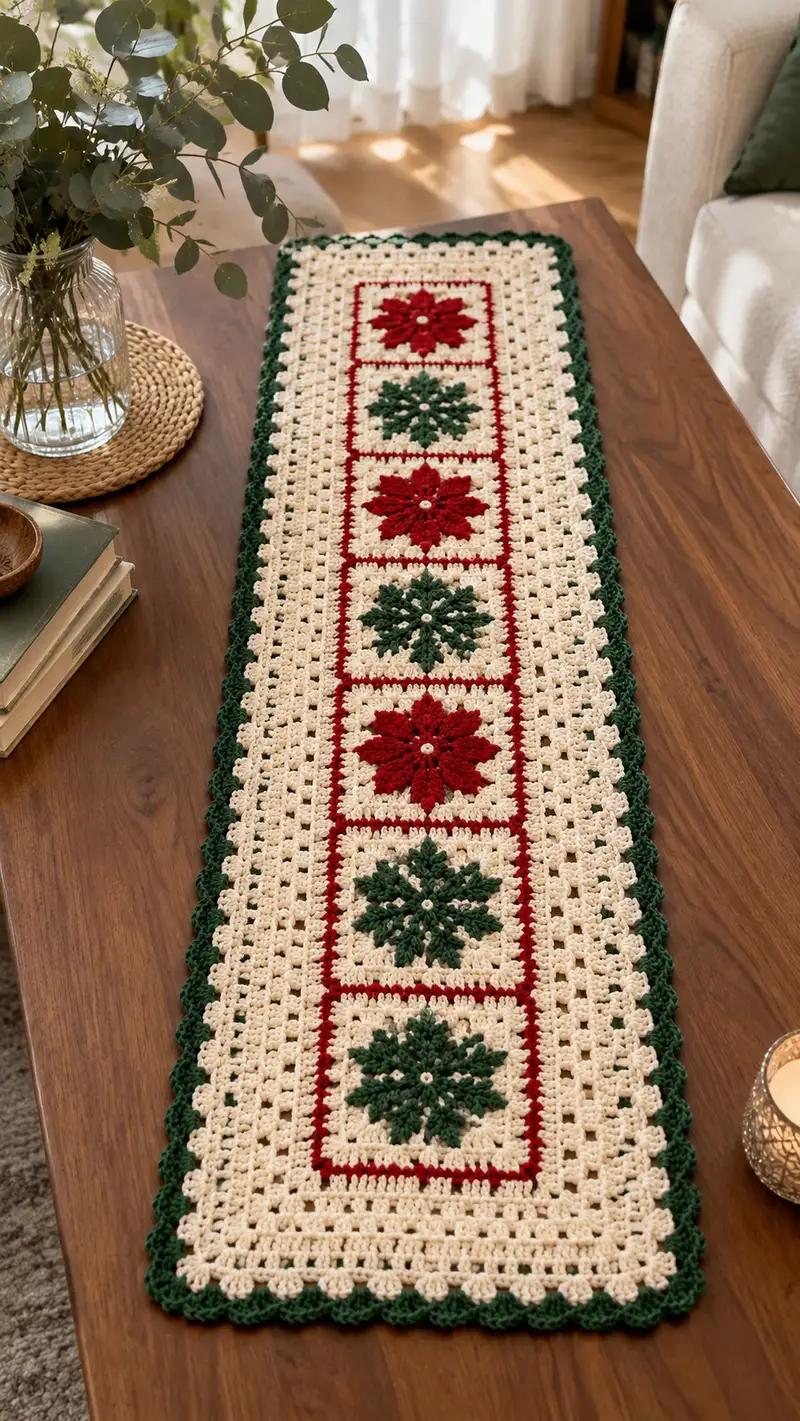 Festive Star Square Table Runner Pattern crochet pattern - detailed view of completed project