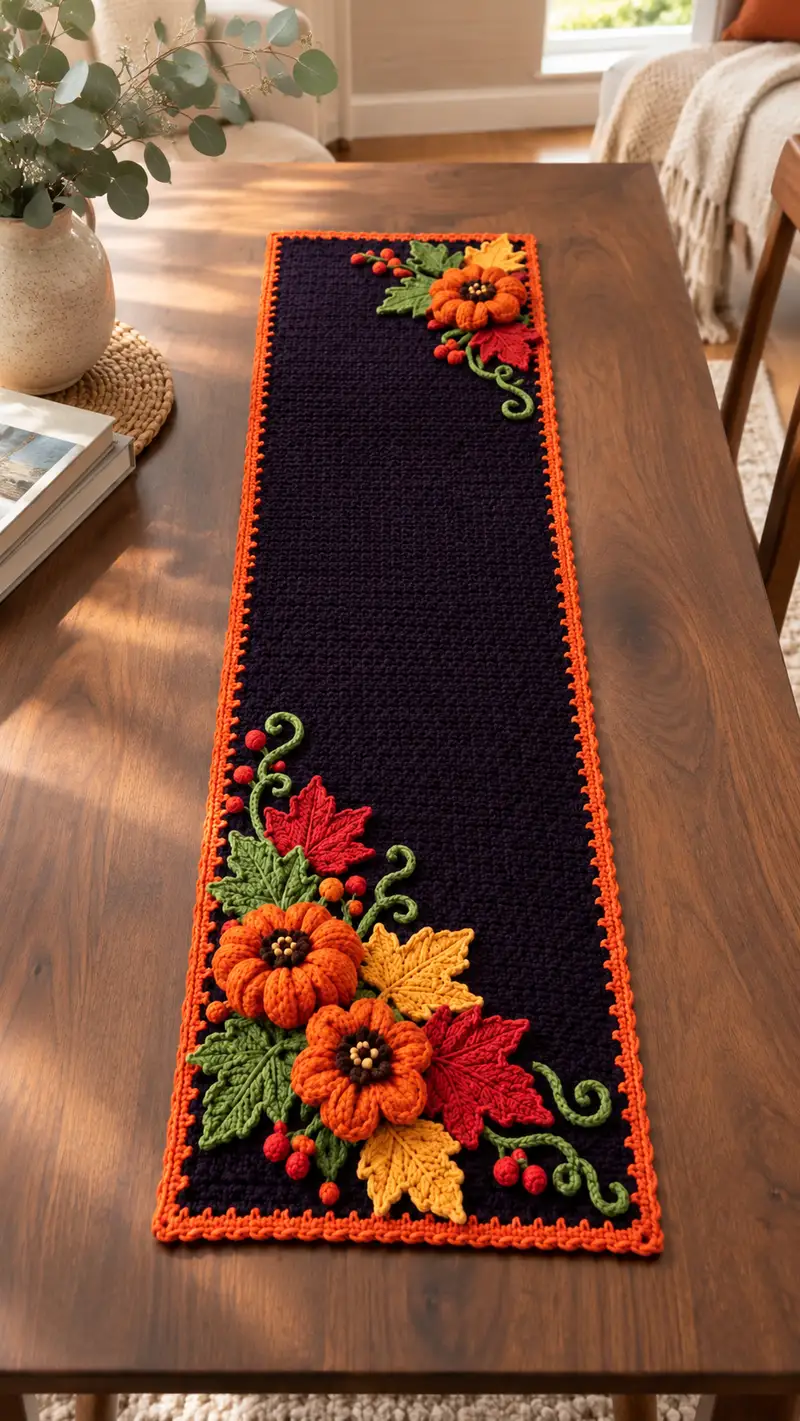 Autumn Pumpkin Table Runner Pattern crochet pattern - detailed view of completed project