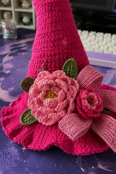 Big Tall Hot Pink Spiral Witch Hat with Peonies and Ribbon Pattern step 2 - assembly progress