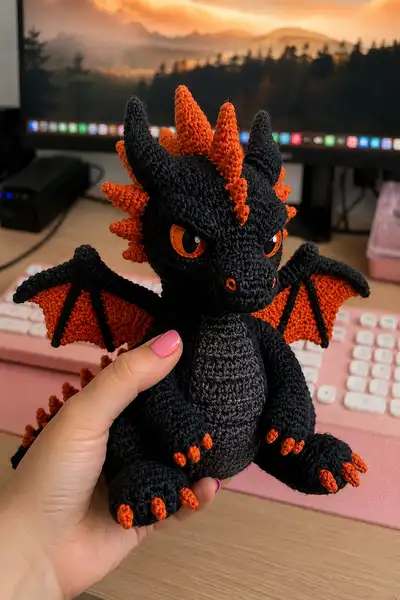 Black Demon Dragon with Orange Flame Spikes Amigurumi Pattern step 1 - construction progress