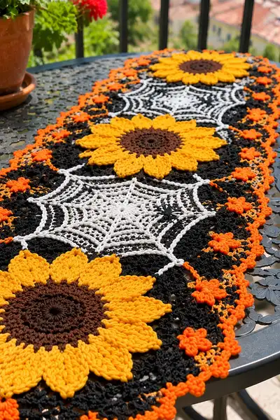 Halloween Sunflower and Spiderweb Doily Table Runner Pattern step 2 - assembly progress