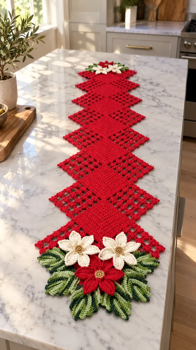 Festive Poinsettia Diamond Table Runner Pattern crochet pattern - detailed view of completed project