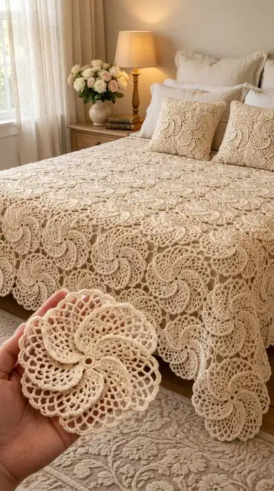 Vintage Cream Heirloom Bedspread Pattern step 1 - construction progress