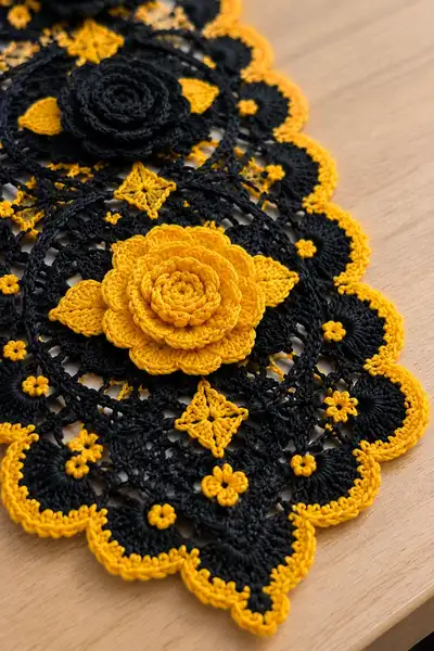 Marigold and Black Rose Gothic Table Runner Pattern step 2 - assembly progress