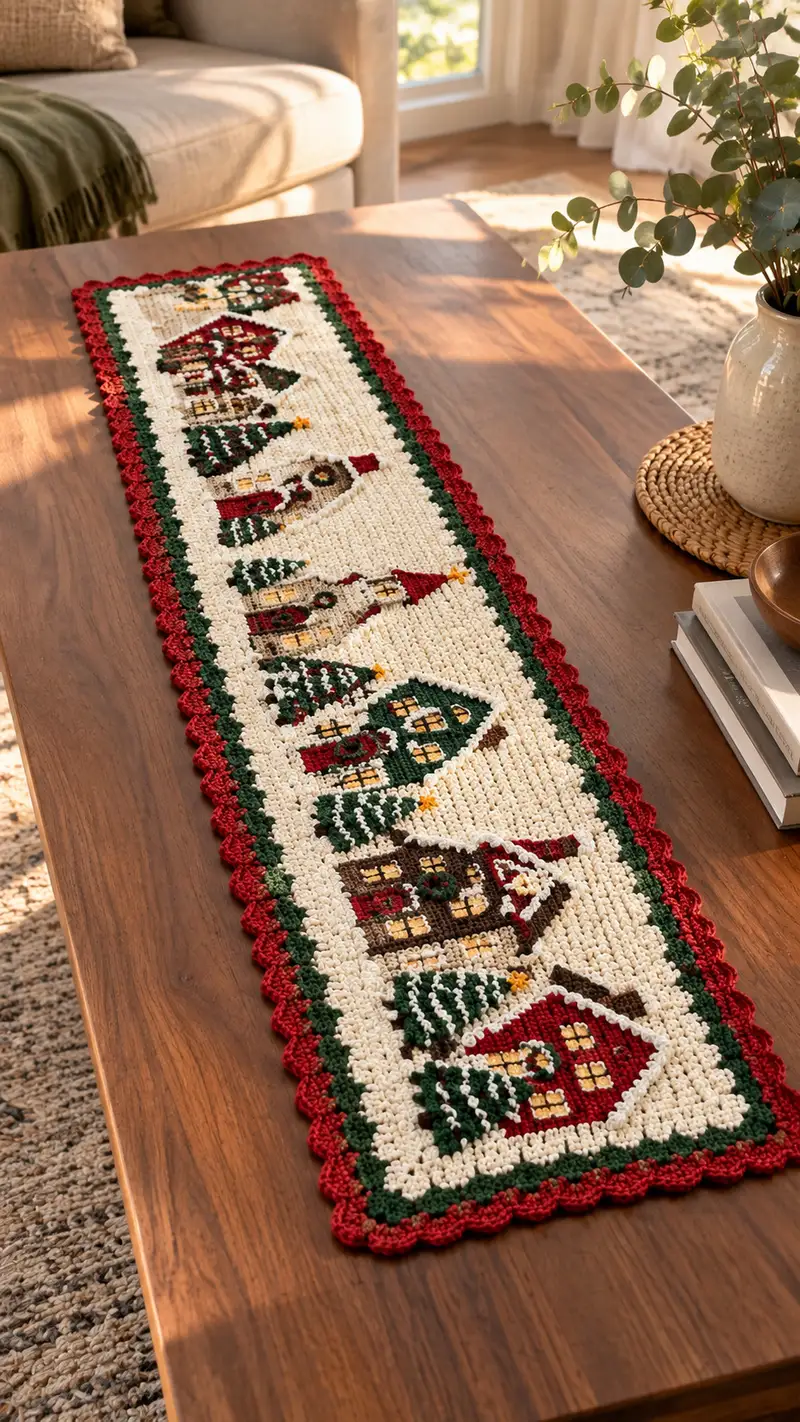 Festive Village Table Runner Pattern crochet pattern - detailed view of completed project