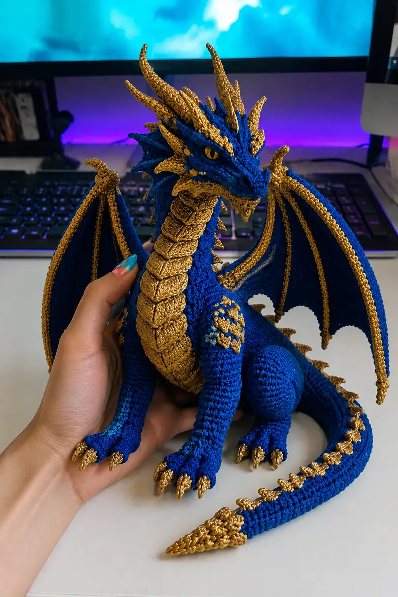 Giant Royal Sapphire and Gold King Dragon Amigurumi Pattern crochet pattern - detailed view of completed project