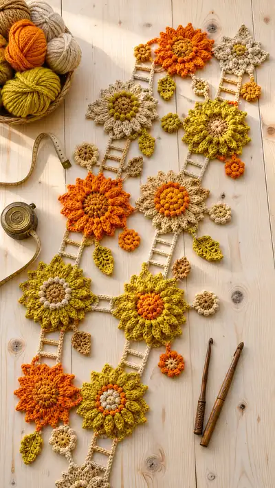 Golden Sunflower Garland Table Runner Pattern step 1 - construction progress
