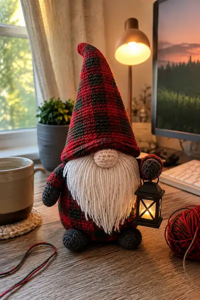 Big Plaid Christmas Gnome Holding a Tiny Lantern Amigurumi Pattern step 1 - construction progress